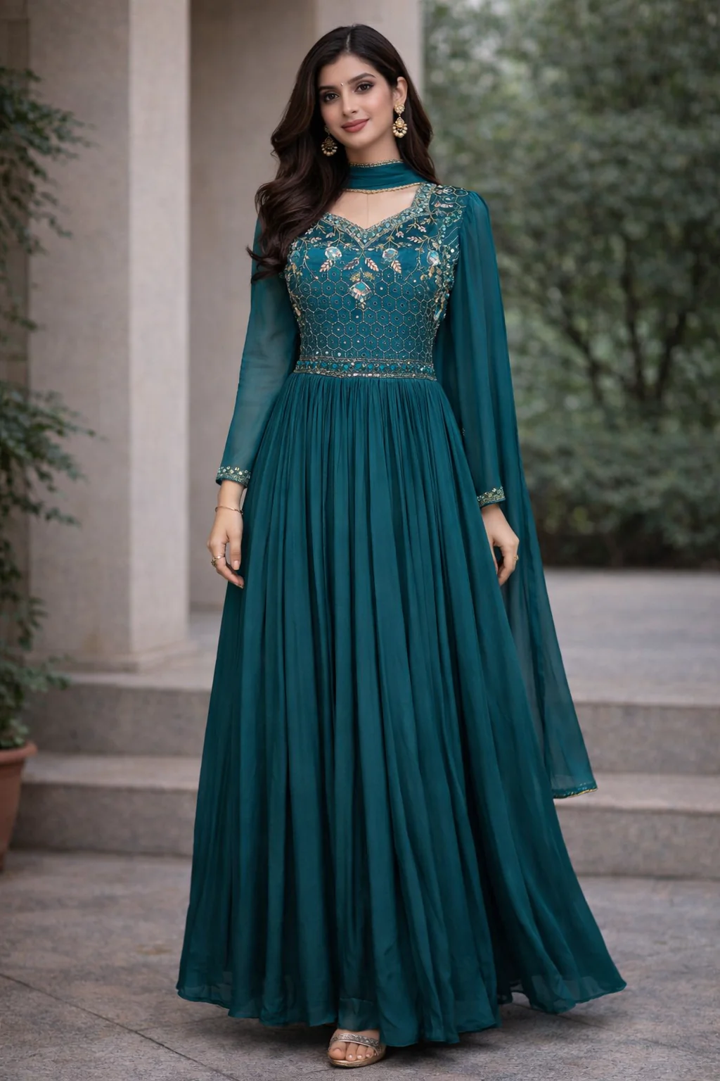 Teal Blue Floral Design Mirror Work Embroidery Crepe Gown